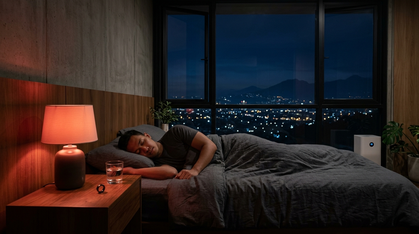 Suasana Kamar Tidur Gelap dengan Pencahayaan Merah untuk Mengoptimalkan Deep Sleep